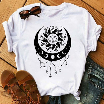 Olivenorma Polyester Moon Black Cat Lotus Printed T-Shirt