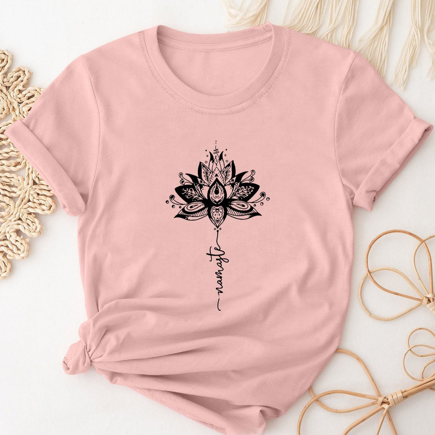 Olivenorma Lotus & Letter Print Crew Neck Short Sleeve T-Shirt - Pink - 2XL - image 4
