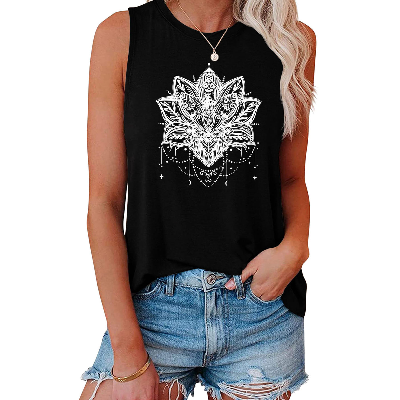 Olivenorma Lotus Printed Sleeveless Large Vest T-Shirt