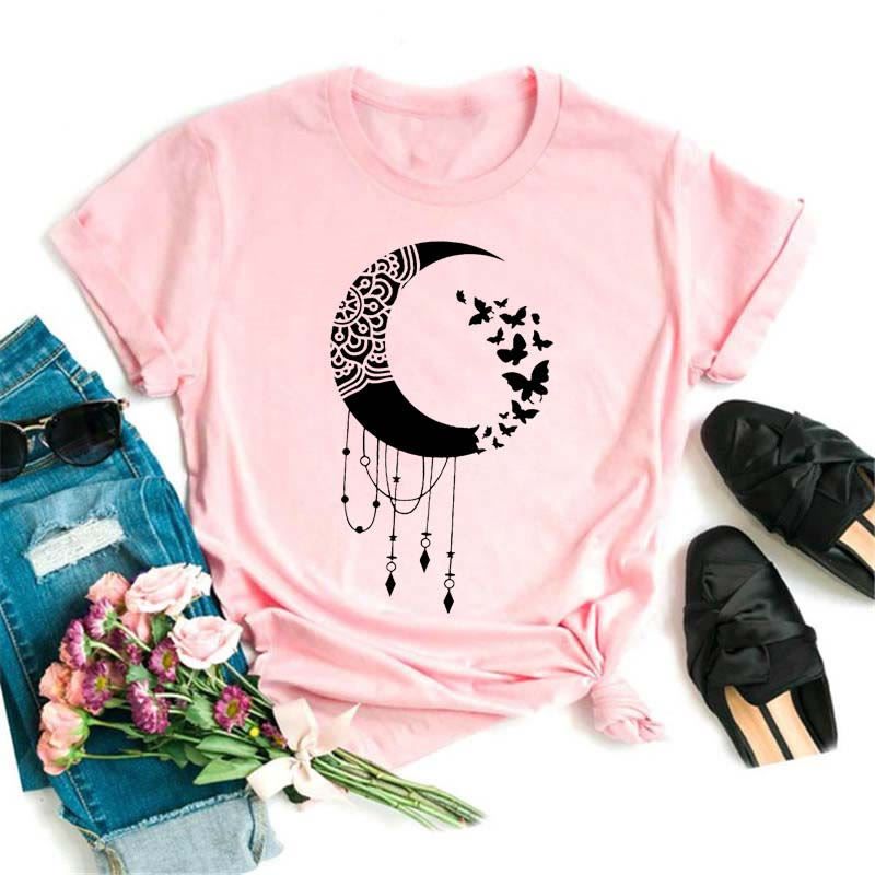 Olivenorma Polyester Black Moon Lotus Printed Pink T-Shirt