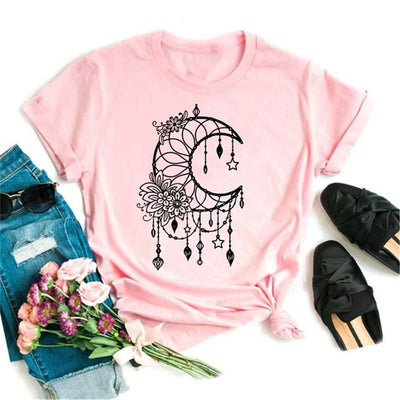 Olivenorma Polyester Black Moon Lotus Printed Pink T-Shirt