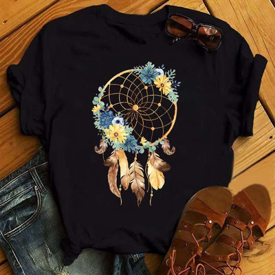 Olivenorma Cotton Dreamcatcher Printed Black T-Shirt