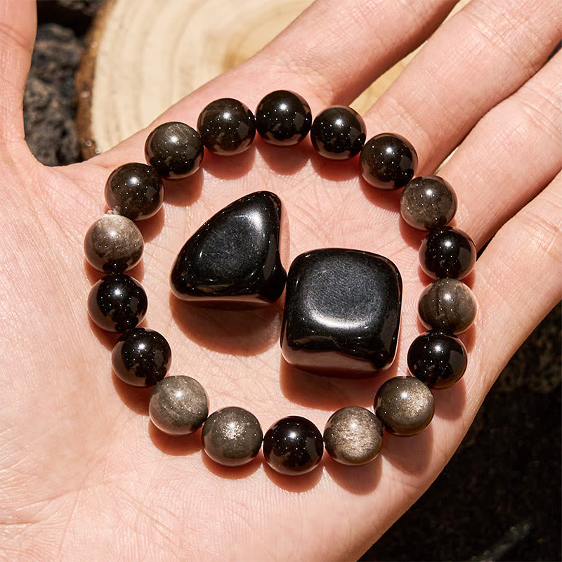 Olivenorma 6/8/10mm Natural Silver Obsidian Beaded Bracelet