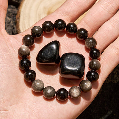 Olivenorma 6/8/10mm Natural Silver Obsidian Beaded Bracelet
