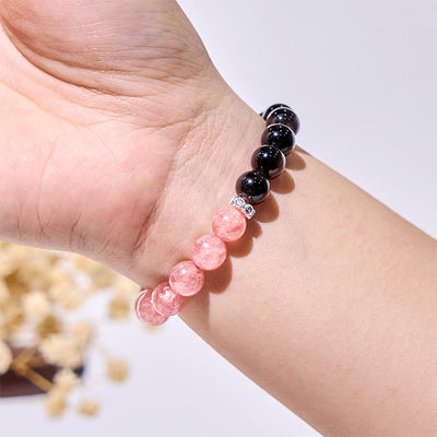 Olivenorma Strawberry Quartz Silver Obsidian Beaded Bracelet