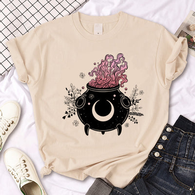 Olivenorma Witch Triple Moon Gothic Print Khaki T-Shirt