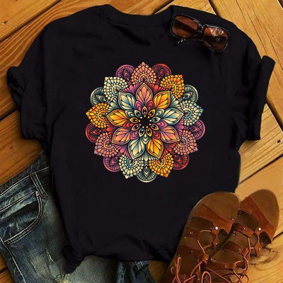 Olivenorma Colorful Geometric Lotus Print Black T-shirt