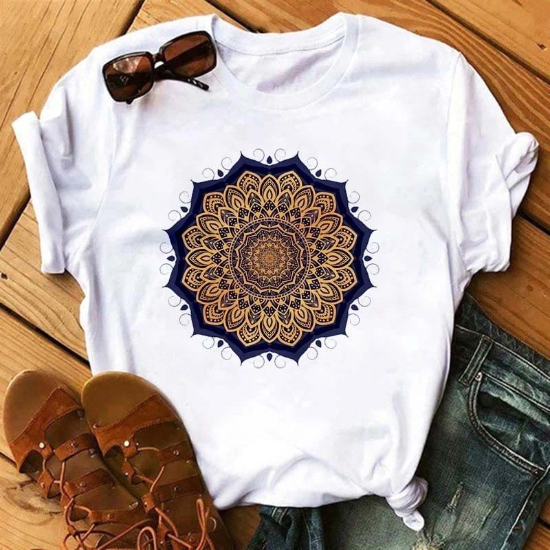 Olivenorma Cotton Colorful Geometric Print White T-Shirt