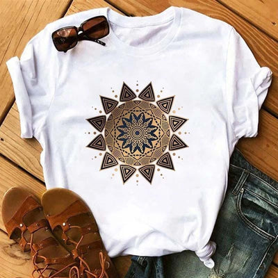 Olivenorma Cotton Colorful Geometric Print White T-Shirt