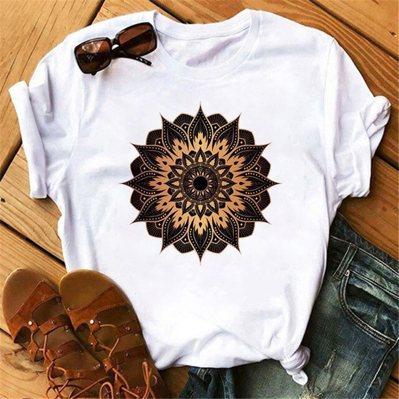 Olivenorma Cotton Colorful Geometric Print White T-Shirt