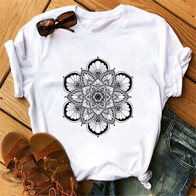 Olivenorma Cotton Colorful Geometric Print White T-Shirt