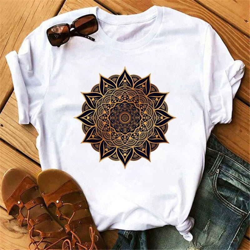 Olivenorma Cotton Colorful Geometric Print White T-Shirt
