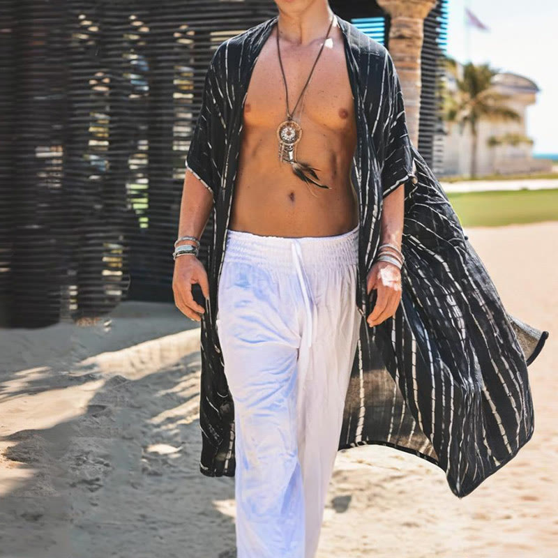 Olivenorma Mens Black White Stripe Loose Beach Cardigan - image 3