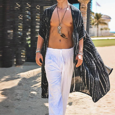 Olivenorma Mens Black White Stripe Loose Beach Cardigan - image 3