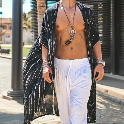 Olivenorma Mens Black White Stripe Loose Beach Cardigan - image 2