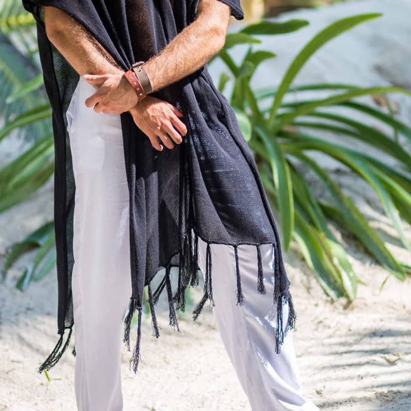 Olivenorma Men's Black Casual Pullover Top Tassel Cardigan - image 3