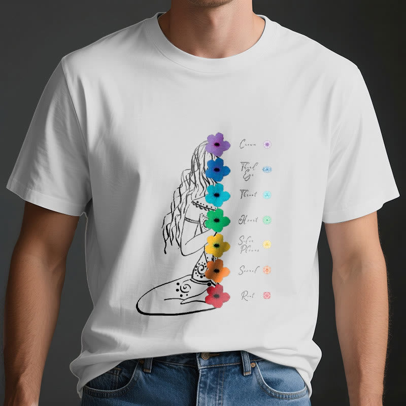 Olivenorma Meditation Girl 7 Chakra Flowers T-Shirt - image 4