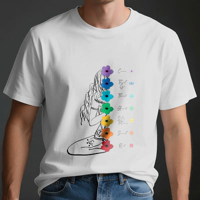 Olivenorma Meditation Girl 7 Chakra Flowers T-Shirt - image 4