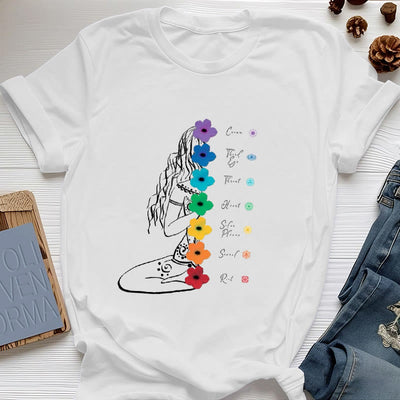 Olivenorma Meditation Girl 7 Chakra Flowers T-Shirt - White - 2XL - image 1