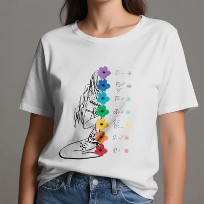 Olivenorma Meditation Girl 7 Chakra Flowers T-Shirt - image 2