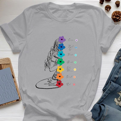 Olivenorma Meditation Girl 7 Chakra Flowers T-Shirt - Gray - 2XL - image 8