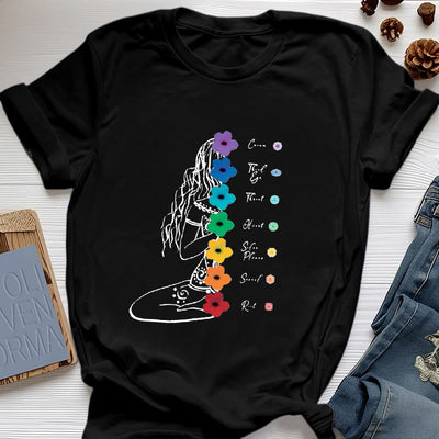 Olivenorma Meditation Girl 7 Chakra Flowers T-Shirt - Black - 2XL - image 6