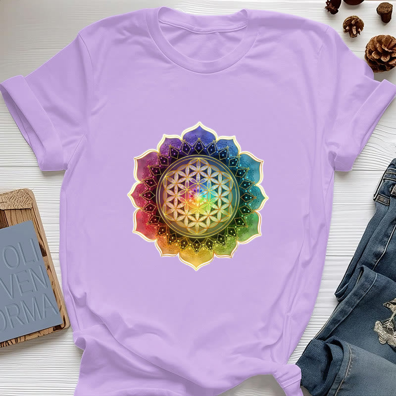 Olivenorma 7 Chakra Medala Flower of Life Cotton T-Shirt - Purple - 2XL - image 16