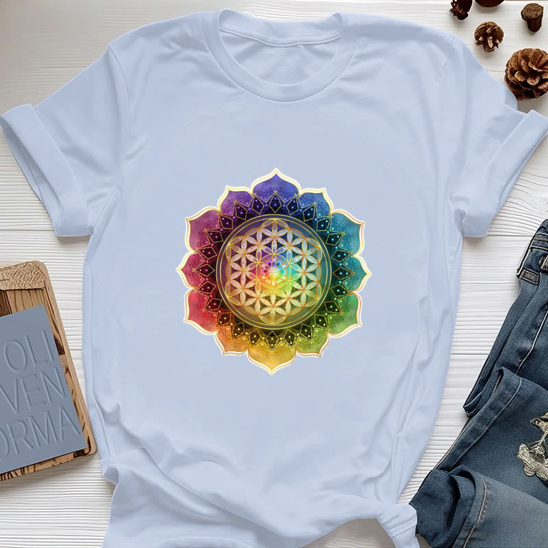 Olivenorma 7 Chakra Medala Flower of Life Cotton T-Shirt - Blue - 2XL - image 12