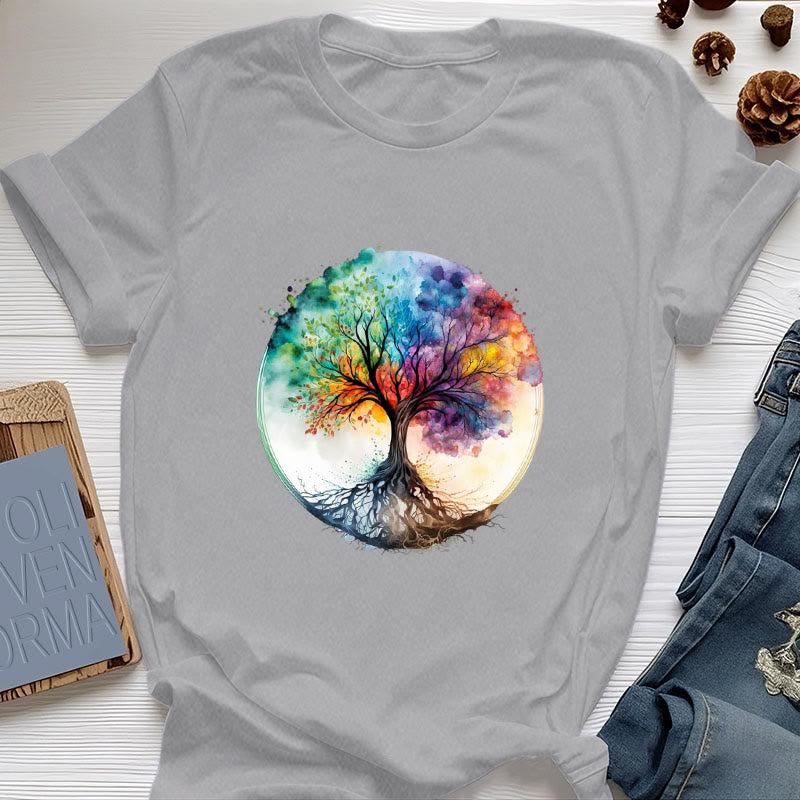 Olivenorma Rainbow Tree of Life Spiritual Cotton T-Shirt - Gray - 2XL - image 8