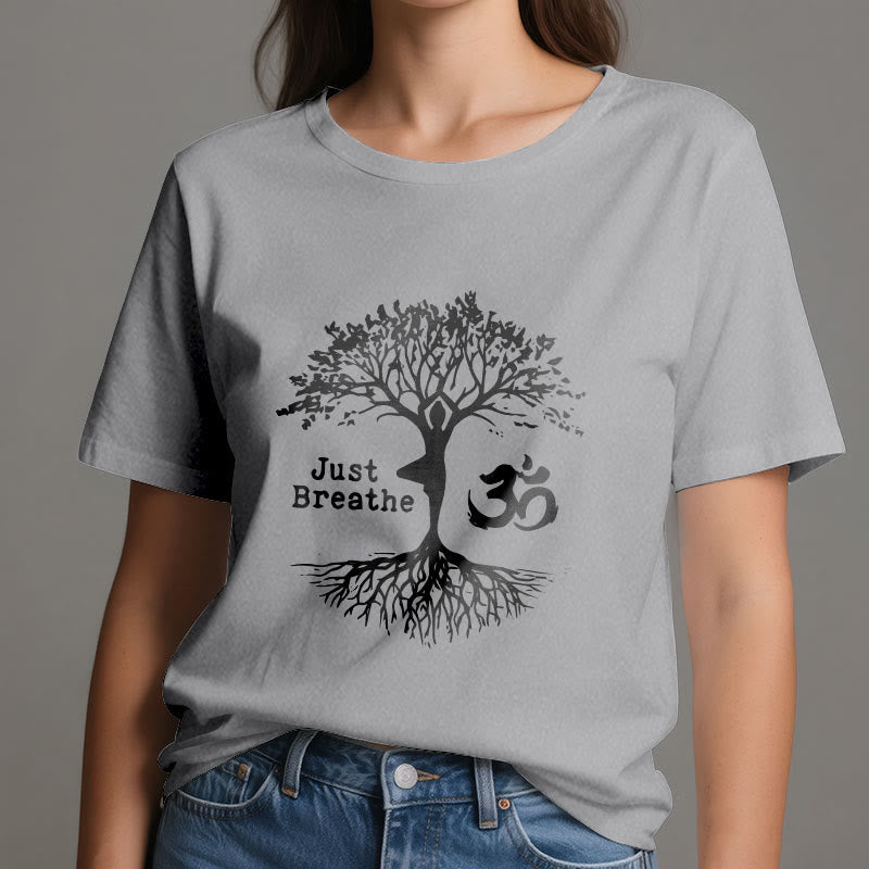 Olivenorma "JUST BREATHE" Yoga Tree OM Symbol Spiritual T-Shirt - image 11