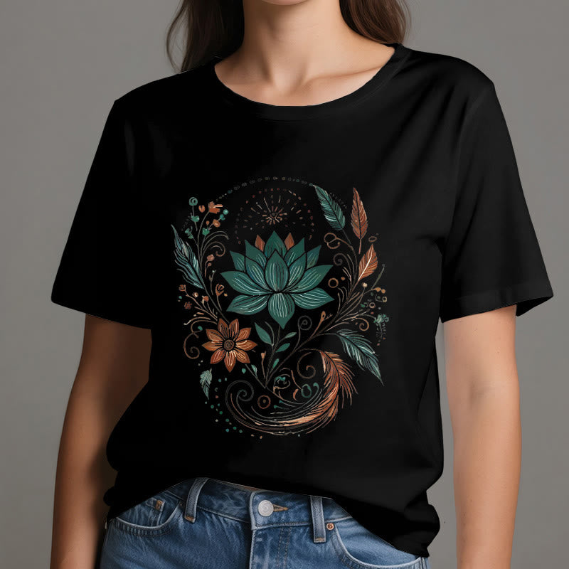 Olivenorma Lotus Flowers & Leafs Cotton Yoga T-Shirt - image 9
