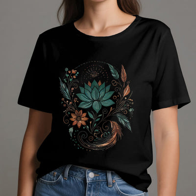 Olivenorma Lotus Flowers & Leafs Cotton Yoga T-Shirt - image 9