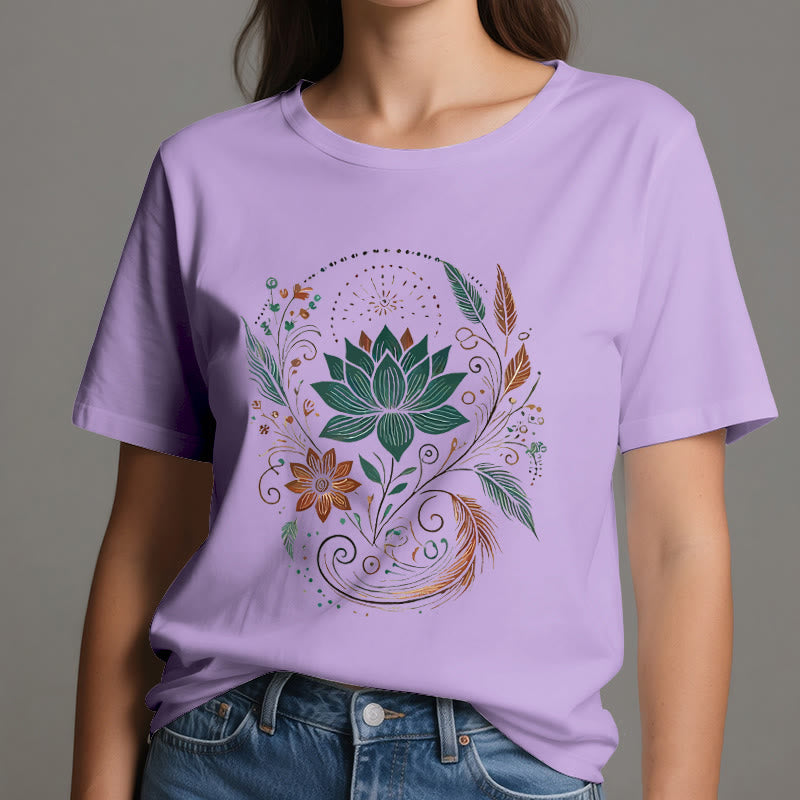 Olivenorma Lotus Flowers & Leafs Cotton Yoga T-Shirt - image 17