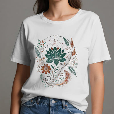 Olivenorma Lotus Flowers & Leafs Cotton Yoga T-Shirt - image 7