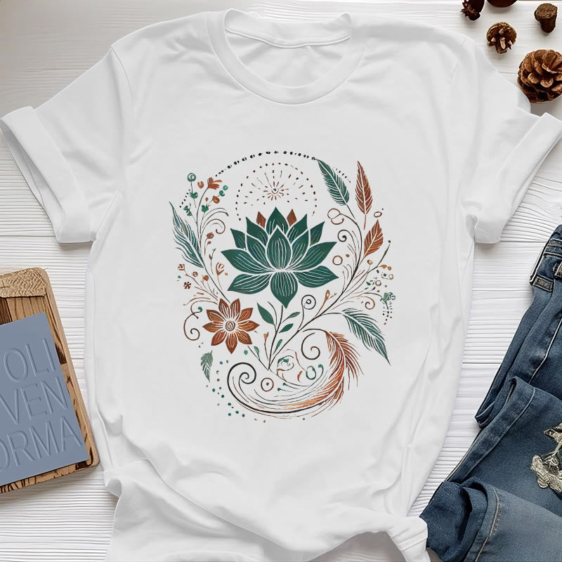 Olivenorma Lotus Flowers & Leafs Cotton Yoga T-Shirt - White - 2XL - image 6