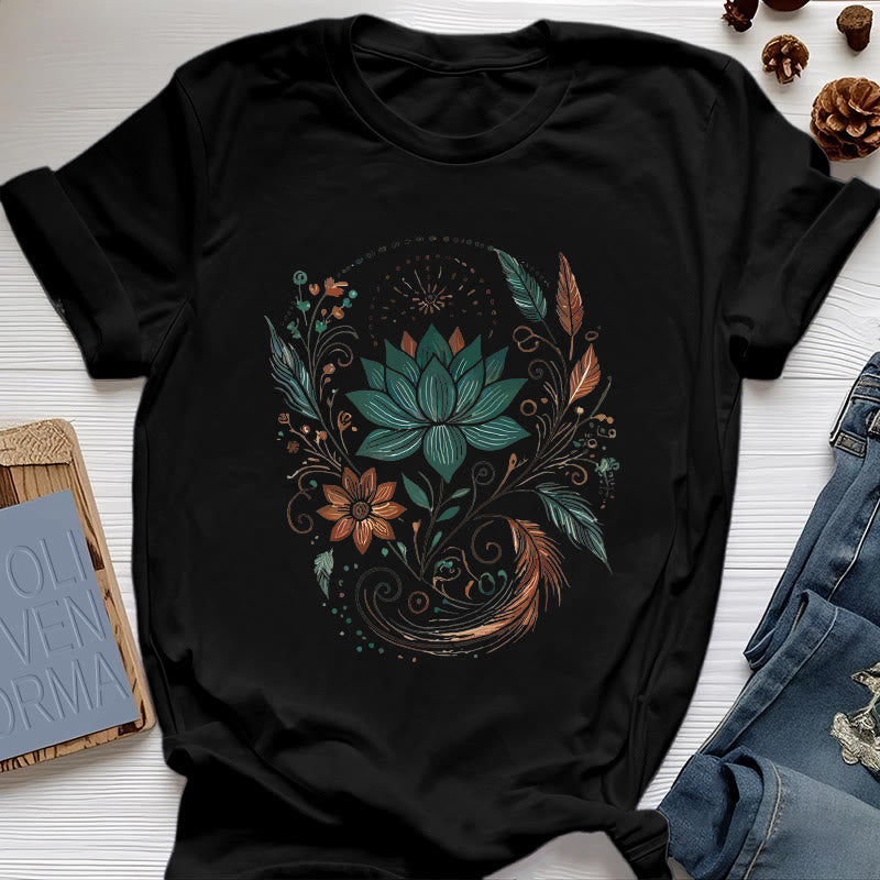 Olivenorma Lotus Flowers & Leafs Cotton Yoga T-Shirt - Black - 2XL - image 8