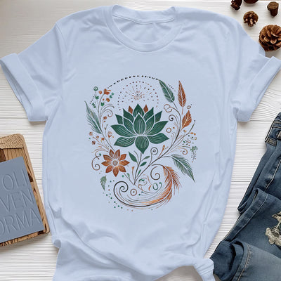 Olivenorma Lotus Flowers & Leafs Cotton Yoga T-Shirt - Blue - 2XL - image 1