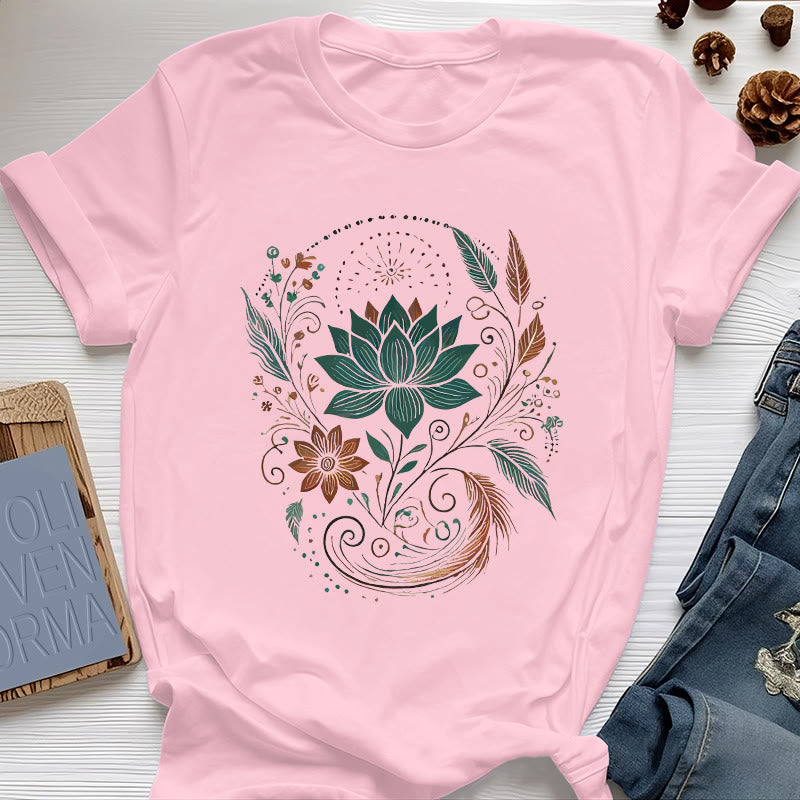 Olivenorma Lotus Flowers & Leafs Cotton Yoga T-Shirt - Pink - 2XL - image 14