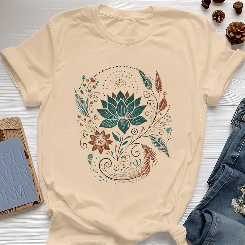 Olivenorma Lotus Flowers & Leafs Cotton Yoga T-Shirt - Yellow - 2XL - image 12