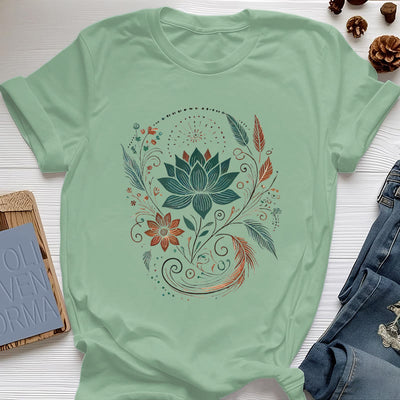 Olivenorma Lotus Flowers & Leafs Cotton Yoga T-Shirt - Light Green - 2XL - image 18