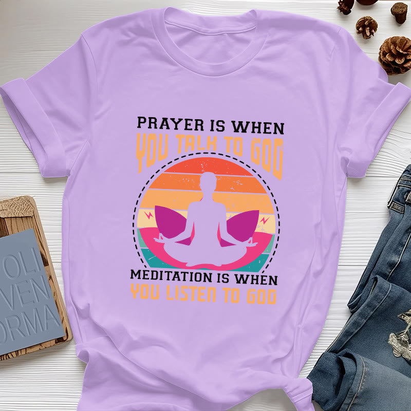 Olivenorma "MEDITATION IS WHEN YOU LISTEN TO GOD" Spiritual Yoga T-Shirt - Purple - 2XL - image 16