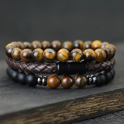 Olivenorma 3Pcs Tiger Eye Stone Leather Bracelet Set - Tiger Eye + Black Onyx - image 1