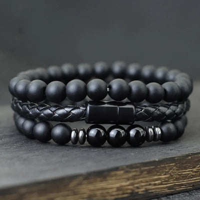 Olivenorma 3Pcs Tiger Eye Stone Leather Bracelet Set - Black Onyx + Obsidian - image 3