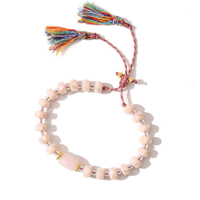 Olivenorma Glitter Boho Style Tassel Gemstone Braided Bracelet - Rose Quartz + Pink Glaze - image 1