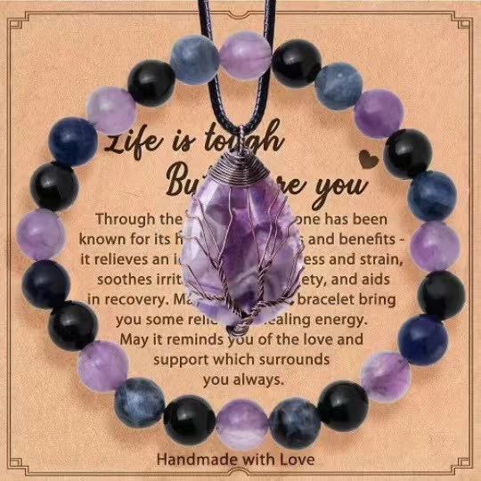 Olivenorma "Life Is Tough, But So Are You" Healing Gemstone Bracelet Necklace Jewelry Set - Amethyst + Obsidian + Lapis Lazuli - image 16