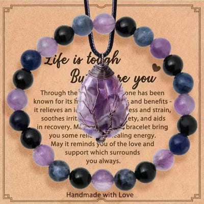Olivenorma "Life Is Tough, But So Are You" Healing Gemstone Bracelet Necklace Jewelry Set - Amethyst + Obsidian + Lapis Lazuli - image 16