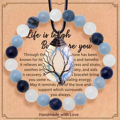 Olivenorma "Life Is Tough, But So Are You" Healing Gemstone Bracelet Necklace Jewelry Set - Clear Crystal + Aquamarine + Lapis Lazuli - image 1