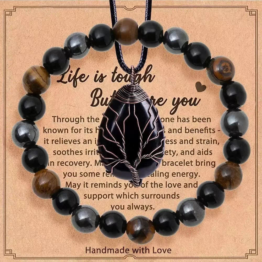 Olivenorma "Life Is Tough, But So Are You" Healing Gemstone Bracelet Necklace Jewelry Set - Obsidian + Tiger Eye + Hematite - image 13