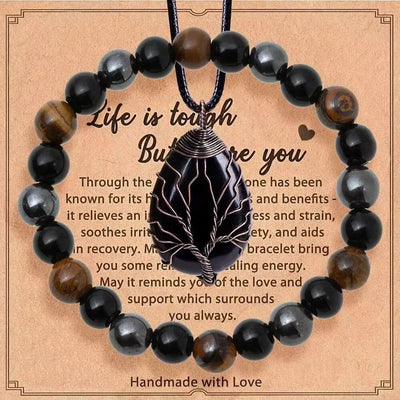 Olivenorma "Life Is Tough, But So Are You" Healing Gemstone Bracelet Necklace Jewelry Set - Obsidian + Tiger Eye + Hematite - image 13