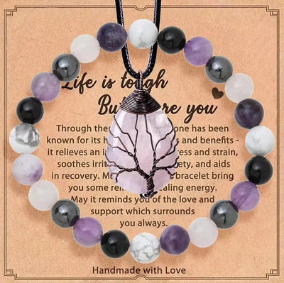 Olivenorma "Life Is Tough, But So Are You" Healing Gemstone Bracelet Necklace Jewelry Set - Amethyst + Howlite +Hematite - image 5
